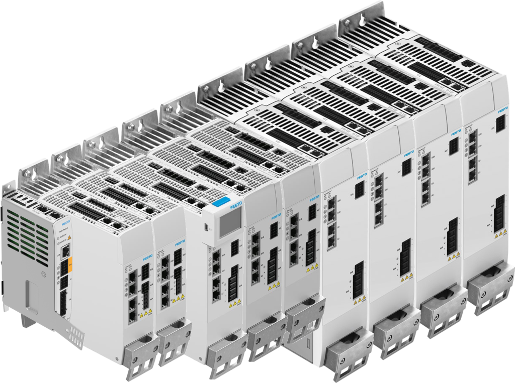 Row of Festo PLC modular units mounted in a rack for automation control